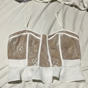 Sugar+Lips M adjustable spaghetti strap cream nude lace peplum ruffled crop top